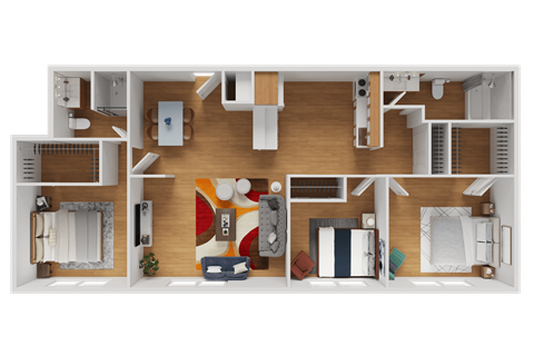 Floor plan for 3 beds, 2 baths, 1100 sqft